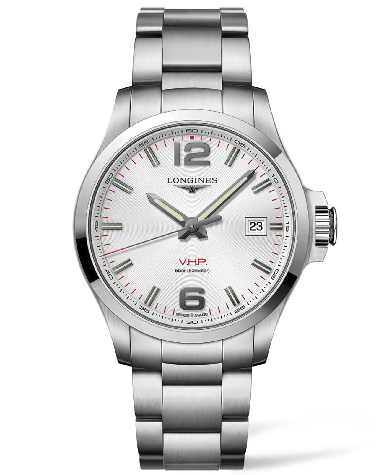 Longines  Longines Conquest V.H.P. L3.726.4.76.6  L37264766 кварцевые мужские часы перламутровый циферблат, браслет нержавеющая сталь — вид спереди